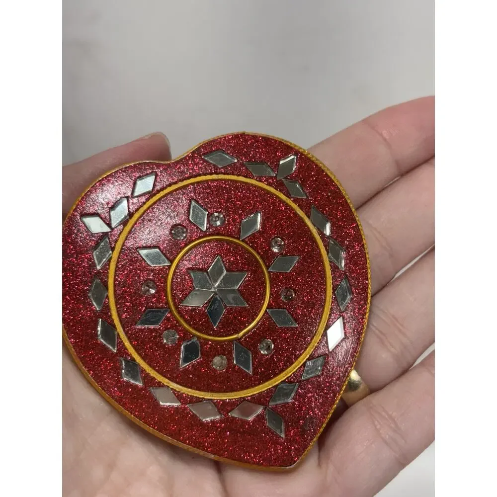 Heart shaped pocket mirror with Lac mirror work Bejeweled Red‎
